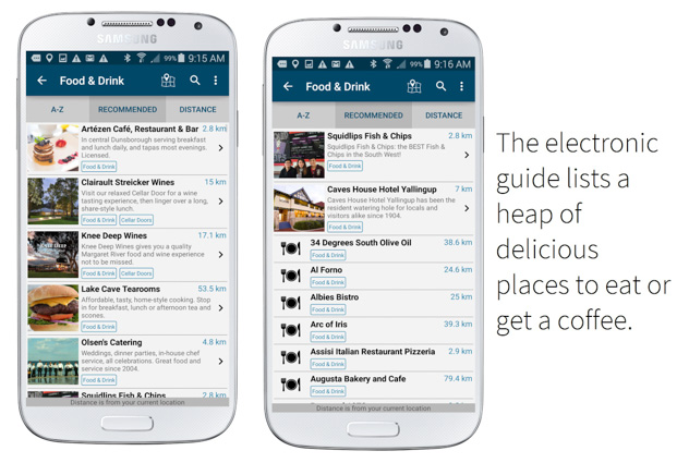 screenshots of food and drink listings on the margaret river guide