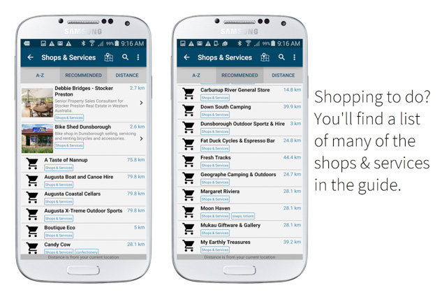 screenshots of shops and services in the Margaret River guide